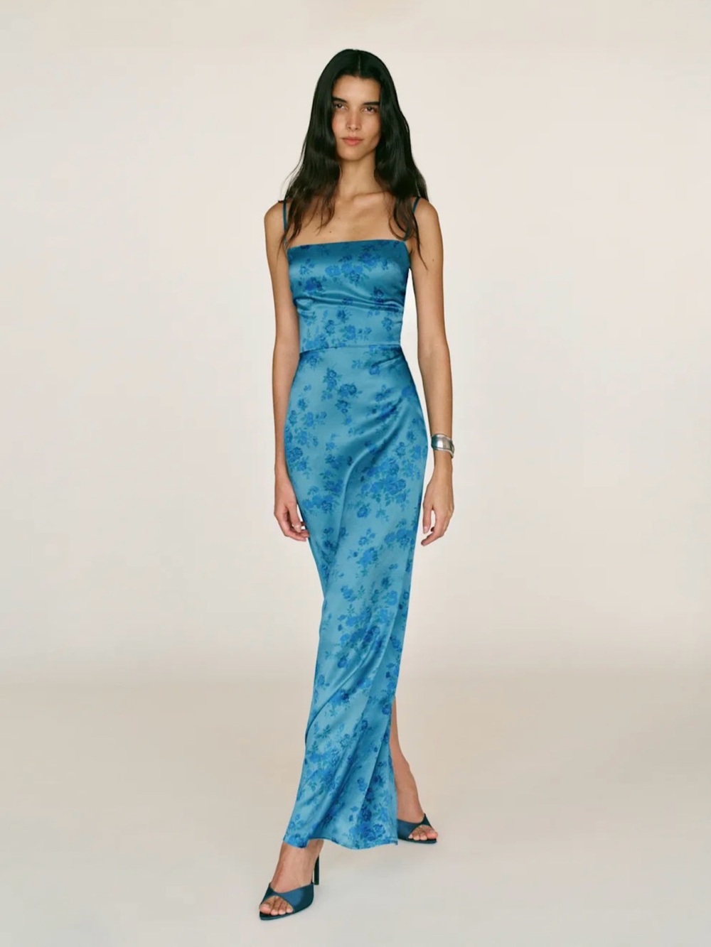 REFORMATION Frankie Silk Dress in Water Sign 0